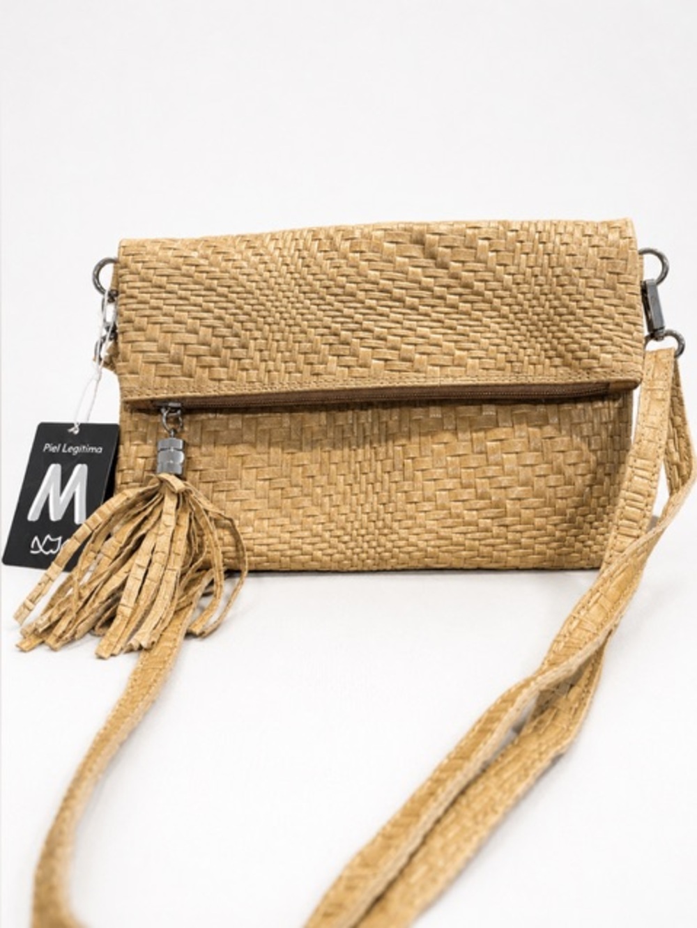 Woven Fold-Over Crossbody Bag in Tan